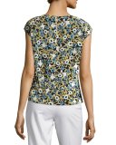 Seraphina Garden-Print Tie-Hem Silk Blouse, Multi