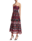 Floral Embroidered Eyelet Strapless Gown, Black/Red/Pink
