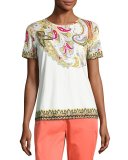 Paisley-Print Crewneck Tee, White/Olive/Red