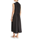 Ruched Drop-Waist Sleeveless Midi Dress, Black
