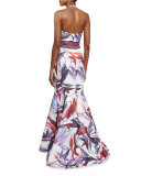 Leaf-Printed Macrame Mermaid Dress, Ivory/Multi 