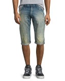 Distressed Slim-Fit Denim Shorts, Light Blue