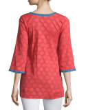 Olivia Dot-Print Embroidered Tunic, Coral/Blue
