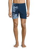 Bulldog Foliage-Print Mid-Length Swim Trunks, Navy