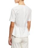 Short-Sleeve Stretch Poplin Peplum Top, White