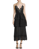 Sleeveless Lace-Trim Polka-Dot Midi Dress, Black