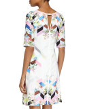 Half-Sleeve Geometric Shift Dress, Ibiza/Snow
