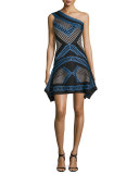 One-Shoulder Flutter-Hem Jacquard Dress, Black Combo