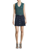 Siggy Snap-Front Suede Skirt, Navy