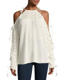 Tied Cotton Crochet Pullover Sweater, Cloud Dancer