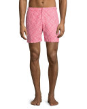 Rescue Bulldog Tribal-Print Swim Trunks, Red