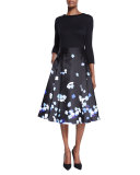 floral satin midi skirt, black