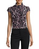 Cap-Sleeve Floral Silk Ruffle-Trim Blouse, Black/Multicolor