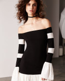 Miggy Contrast-Trim Off-the-Shoulder Knit Mini Dress, Black/White