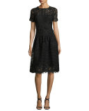 Short-Sleeve Eyelet Lace Cocktail Dress, Black