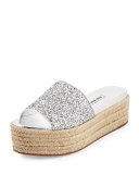 Glitter Platform Espadrille Slide Sandal, Argento