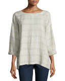 3/4-Sleeve Catalan Plaid Top, Natural