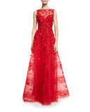 Lip-Appliqué Sleeveless Illusion Gown, Red