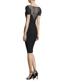 Misa Short-Sleeve Illusion Jersey Sheath Dress, Nero