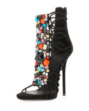 Jeweled Suede T-Strap Sandal/Bootie, Black/Multi