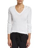 Monili-Trim V-Neck Ribbed Tee, White
