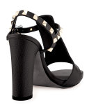 Rockstud Leather Chunky-Heel Sandal, Nero
