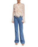 Long-Sleeve Sheer Chiffon Ruffle Blouse, Powder