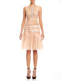 Sleeveless Bateau-Neck Embroidered Dress, Powder Pink