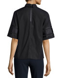 Dieter Poplin Short-Sleeve Collared Top, Black