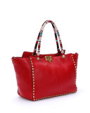 Medium Beaded-Handle Rockstud Tote Bag, Red