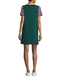 Short-Sleeve Striped Two-Tone Shift Dress, Cadet