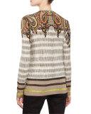 Paisley-Shoulder Long-Sleeve V-Neck Tee, Orange/Black