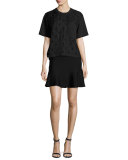 Short-Sleeve Boxy Jacquard Cloque Top, Black