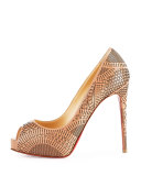 Suellena Laser-Cut Peep-Toe Red Sole Pump, Nude