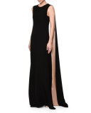 Sleeveless Column Gown W/Cape, Black/Nude