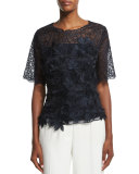 Short-Sleeve 3D Embroidered Lace Blouse, Navy