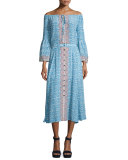 3/4-Sleeve Printed Silk Top, Blue/Multi
