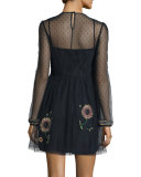 Long-Sleeve Floral-Embroidered Point D'Esprit Dress, Navy