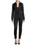 Long-Sleeve Zip-Front Jumpsuit, Black