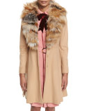 Nikita Belted Fox-Collar Dress Coat, Camel