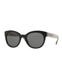 Round Check-Trim Cat-Eye Sunglasses, Black
