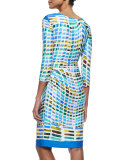 3/4-Sleeve Printed Ruched Sheath Dress