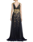 Sleeveless Embroidered Floral Tulle Gown, Navy