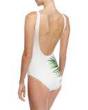 Kelly Tropical Leaf-Print One-Piece Swimsuit, White