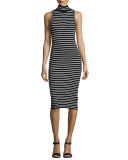 Mock-Neck Striped Ribbed-Knit Dress, Black