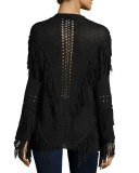 Fringe Open-Knit Lace-Up Sweater