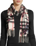 Cashmere Check & Floral Fringe Scarf, Light Gray