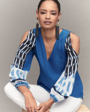 Sahara Mixed-Print Cold-Shoulder Silk Blouse, Multi