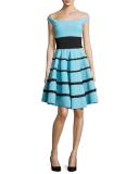 Nicoletta Off-the-Shoulder Striped Circle Cocktail Dress, Blue/Black