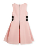 Sleeveless Pleated Mesh Neoprene Fit-and-Flare Dress, Pink, Size 8-16